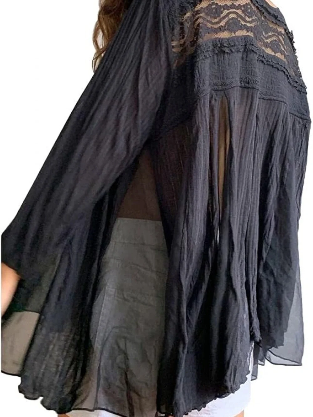 Free People Sheer Black Lace Yoke Bell Sleeve Boho Lace Blouse Flowy Sheer Small